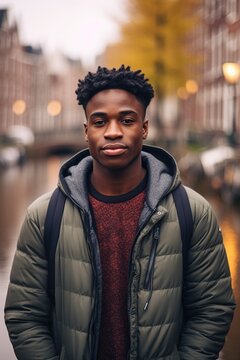Young man of African origin in city of Amsterdam.  AI-generated image.