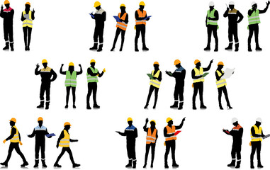 Hand-drawn silhouette set of male and female workers with helmets and vests. Workers in different poses and color options. Vector flat style illustration isolated on white	