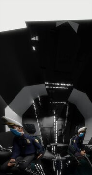 Female pilot and male co-pilot drive and share in pandemic, cockpit commercial airliner flight departure wearing mask to avoid contagion virus  Arc shot camera movement animation render 3d