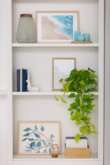 Interior design. Shelves with stylish accessories, potted plants and pictures near white wall