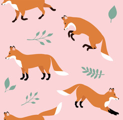 Vector seamless pattern of flat hand drawn fox isolated on pink background