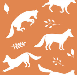 Vector seamless pattern of hand drawn fox and branch silhouette isolated on orange background