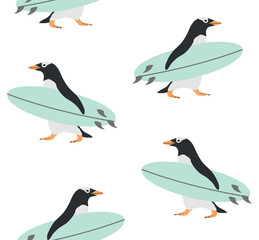 Vector seamless pattern of hand drawn flat penguin with surfboard isolated on white background