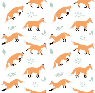 Vector seamless pattern of flat hand drawn fox isolated on white background