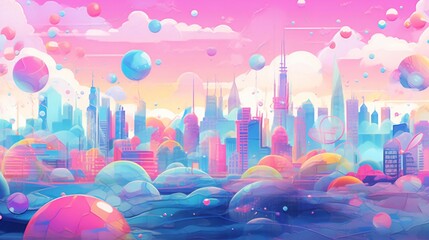 A colorful cityscape with floating bubbles in the sky