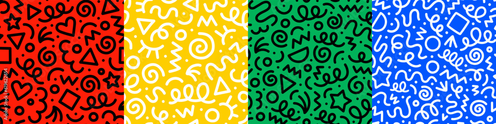 Poster set of fun colorful line doodle seamless pattern. creative abstract art background collection for ch