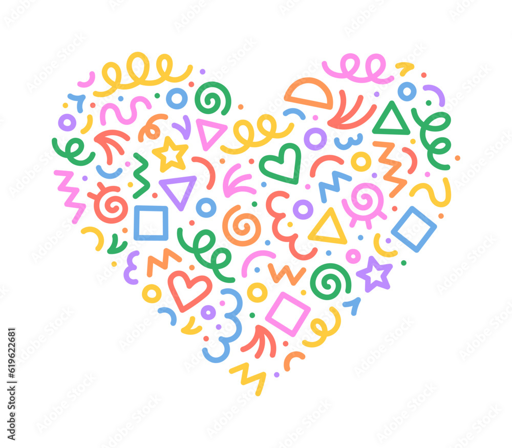 Poster fun colorful abstract line doodle heart shape. creative minimalist style art symbol set for children