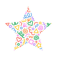 Fun colorful abstract line doodle star shape. Creative minimalist style art symbol set for children or party celebration with modern shapes. Simple upbeat drawing scribble decoration.