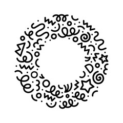 Abstract black and white line doodle circle shape. Creative minimalist style art round symbol for children or party celebration with modern shapes. Simple circular drawing scribble decoration.