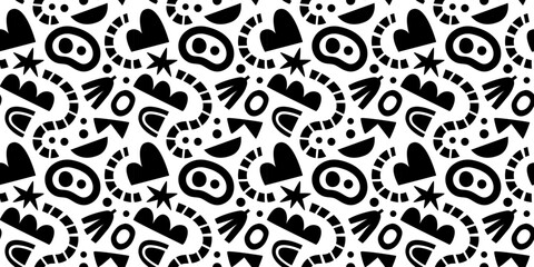 Abstract organic shape seamless pattern with black and white geometric doodles. Flat cartoon background, simple random shapes print texture.
