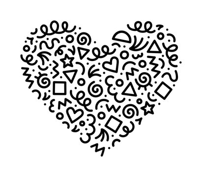 Fun black and white abstract line doodle heart shape. Creative minimalist style art symbol set for children or party celebration with modern shapes. Simple upbeat drawing scribble decoration.