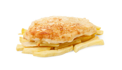 Tasty fish in soda water batter and potato chips isolated on white