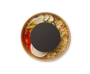 Tasty food in container isolated on white, top view