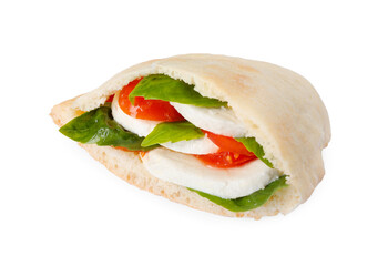 Delicious pita sandwich with mozzarella, tomatoes and basil isolated on white