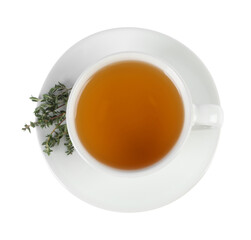 Aromatic herbal tea with thyme isolated on white, top view