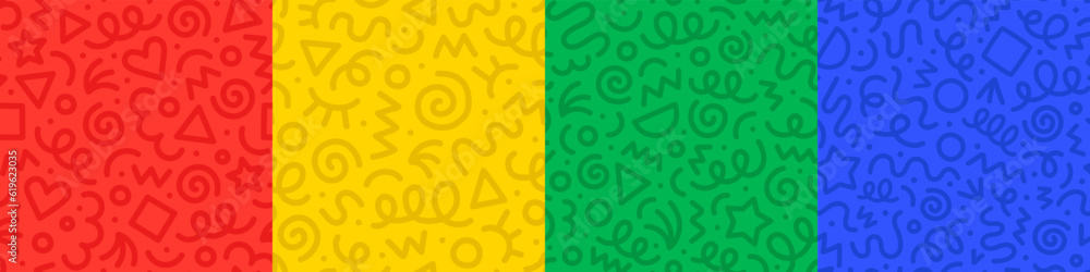 Poster set of fun colorful line doodle seamless pattern. creative abstract art background collection for ch