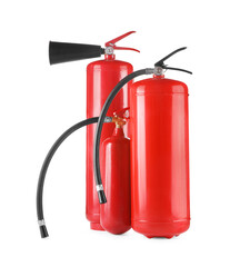 Three red fire extinguishers on white background