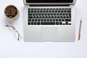 Modern laptop, houseplant, glasses and pen on white table, flat lay