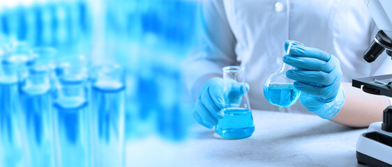 Chemistry and chemical research. Collage of laboratory glassware and scientist working with liquid. Banner design