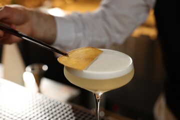Bartender making fresh alcoholic cocktail at bar counter, closeup