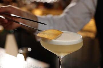 Bartender making fresh alcoholic cocktail in bar, closeup