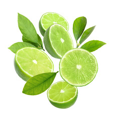 Fresh lime fruits and green leaves falling on white background
