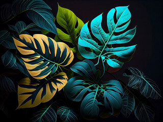 Abstract background of colorful bright fantastic leaves of plants. Generative AI
