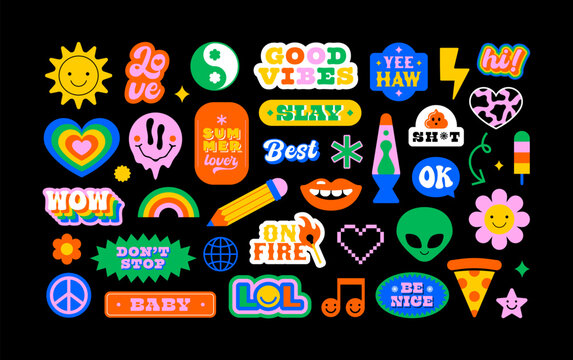 Colorful vintage label shape set. Collection of trendy retro sticker cartoon shapes. Funny comic character art and quote sign patch bundle.