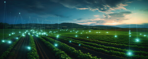 Digital farming, digital network, Iot, and Ai in agriculture and farming. Wide format. Hand edited generative AI. 