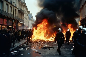 a documentary photo of revolutionary riots and protests. burning building and cars in the city. special force police with equipment catching protesters in the day time. Generative AI