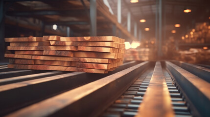 Wood on conveyor belt in factory