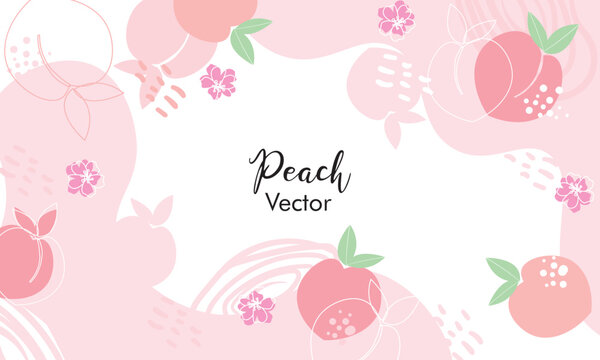 Bright vector set of colorful juicy peach backround pattern. Peach. Set. Set of colorful peach fruit, leaves, branches and flowers