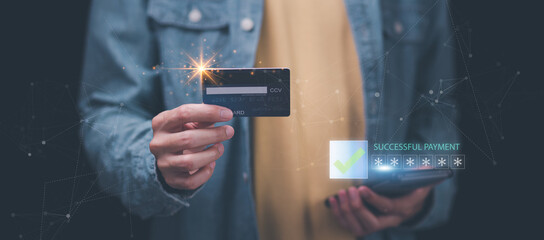  A man using credit card to make financial transactions via smartphone, payment concept with wireless communication technology, consumer safety and cashlessness ,Online payment shopping ,e-commerce