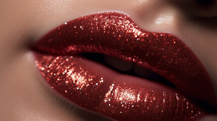 Close-up of a beautiful woman's lips with red glossy lipstick
