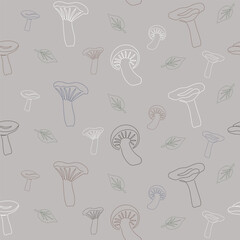 Mushrooms set continuous one in line art style on dark background seamless pattern