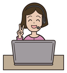 パソコン入力をしながら電話応対をする若い30代女性　コールセンター 笑顔 ピース ピースサイン