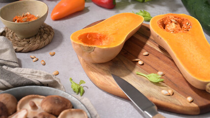 Autumn vegetables arranged on a kitchen worktop