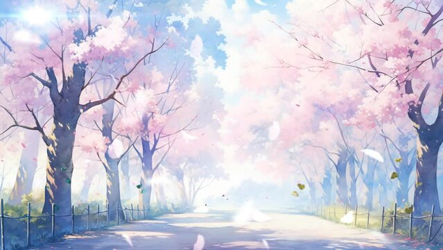 spring background street with sakura. Cherry blossoms tree with butterflies. Cherry blossoms rain. 4k infinite loop animation footage. Japanese anime painting style