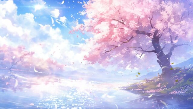spring background with sakura. Wide angle. Sparkling water river. Cherry blossoms tree with butterflies. Cherry blossoms rain. 4k infinite loop animation footage. Japanese anime painting style