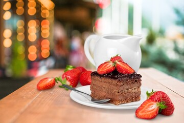 Tasty sweet cake with ripe fresh strawberries.