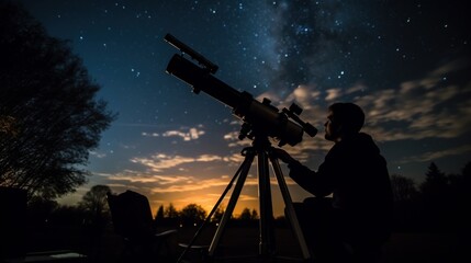 a guy sitting outside and looking through a big telescope at the night sky full of stars. Generative AI