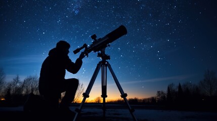 a guy sitting outside and looking through a big telescope at the night sky full of stars. Generative AI