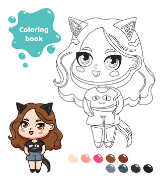 Coloring book for kids. Anime girl with cat ears.