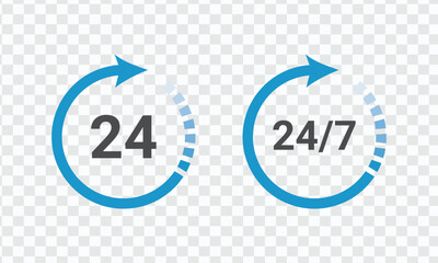 24 hours and 24 hours a week icon,  24/7 hours, hours and week icon, symbol. eps