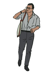 Man wearing glasses. Carry a bag. Walk. Hand drawn. Colored. Isolated on white background.