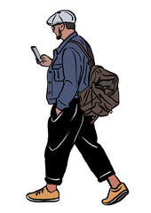 Man in hat, carrying bag, walking, talking on the phone, hand drawn, colored, isolated on white background
