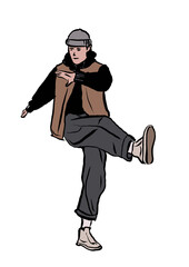 Man in hat in winter clothes exercising in park. Hand drawn. Color. Isolated on white background.