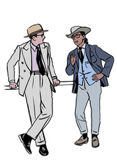 Two men in suits wearing cowboy hats are standing and talking. Hand drawn. Colored. Isolated on white background.