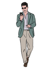 Man in sunglasses walking and talking on the phone. Hand drawn. Colored. Isolated on white background.