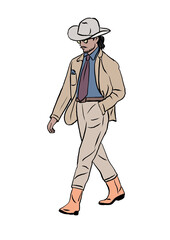 Man in cowboy costume walking. Hand drawn. Color. Isolated on white background.